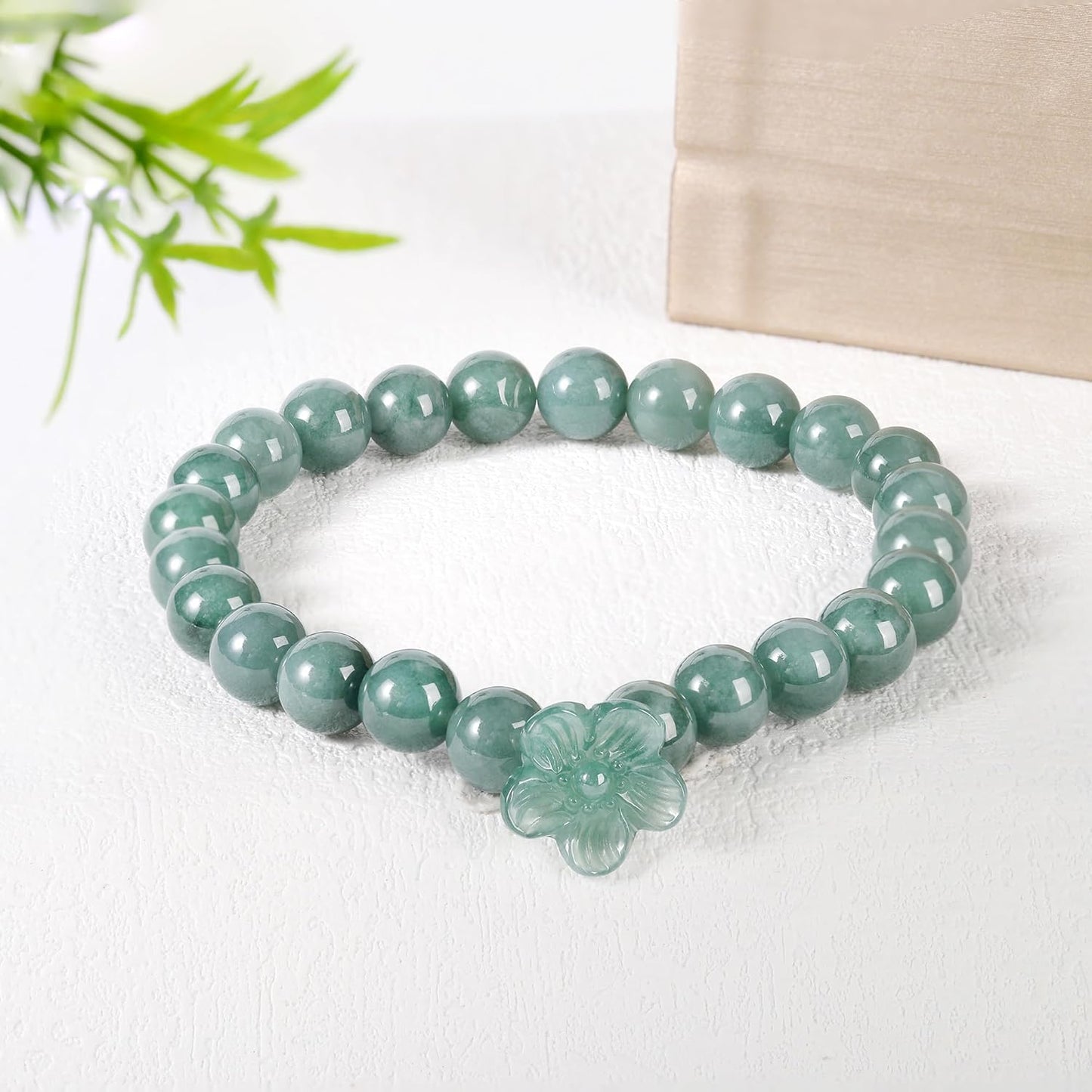 Real Jade bracelet for Women, Natural Jadeite Handmade Carved Peach Blossom Stretch Beaded Beads Jade Bangle Jewelry, Stress Relief Feng Shui Prosperity Blue-Green Jades bracelets,for Valentine's,Mother,Christmas