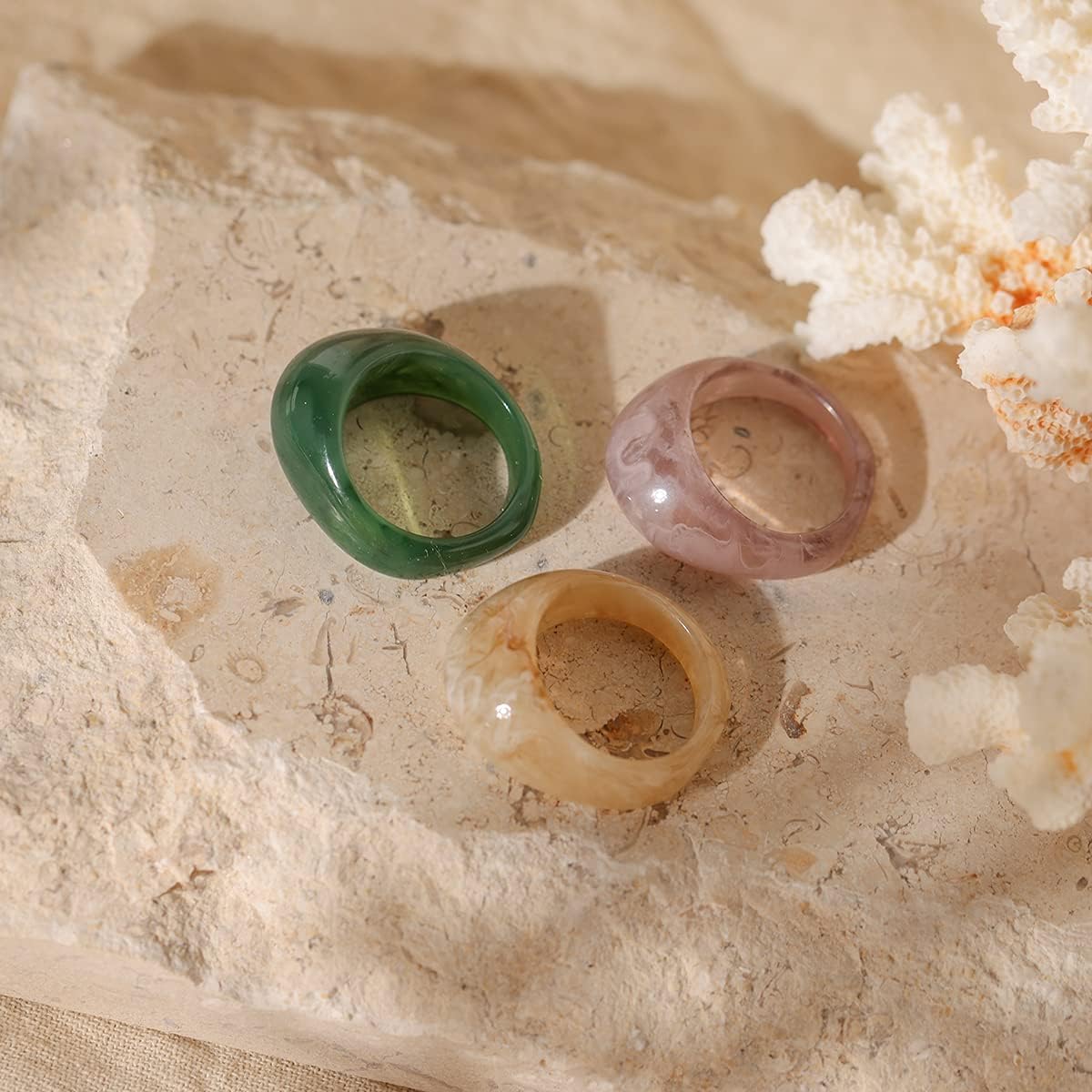 Viva Joya Resin Rings, Plastic Rings Acrylic Rings Knuckle Rings for Women, Chunky Aesthetic Trendy Colorful Cute Stackable jewelry, Bulk Rings, Statement Dome Thick Rings, Set Size 6 7 8 9