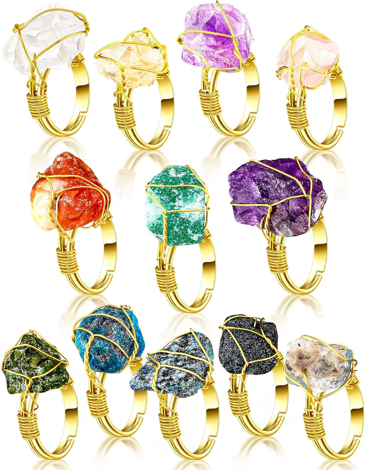 Sureio 12 Pieces Chakra Crystal Ring Healing Crystal Adjustable Gemstone Irregular Stone Rings for Women and Girls Colorful Gem Copper Wire Wrap Ring for Women, Gold Ring