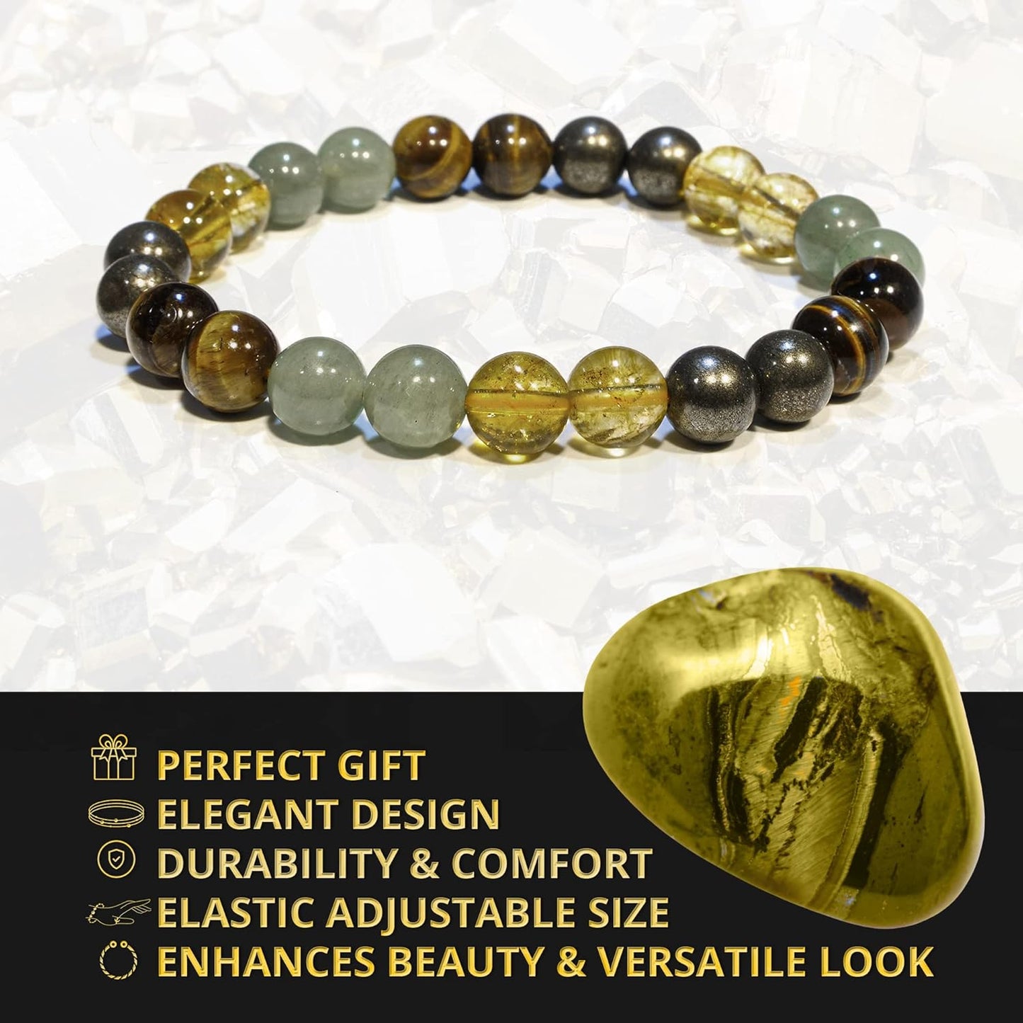Money Wealth Success Bracelet - Pyrite Green Aventurine Tiger Eye Citrine Bracelet Set for Men Women Healing Calming Anxiety Stress Relief Gifts Pulseras Para Hombres Mujer Stocking Stuffers