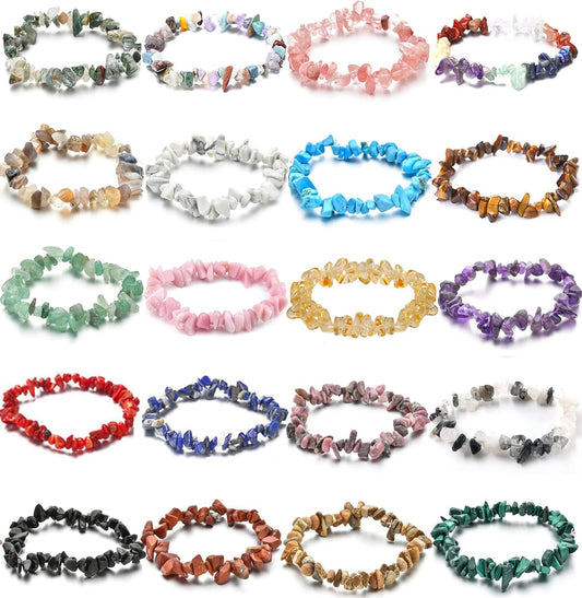 20 PCS Natural Gemstone Bracelets Chakra Crystal Irregular Chips Beads Stretch Bracelets for Women Align Chakras Promote Communication