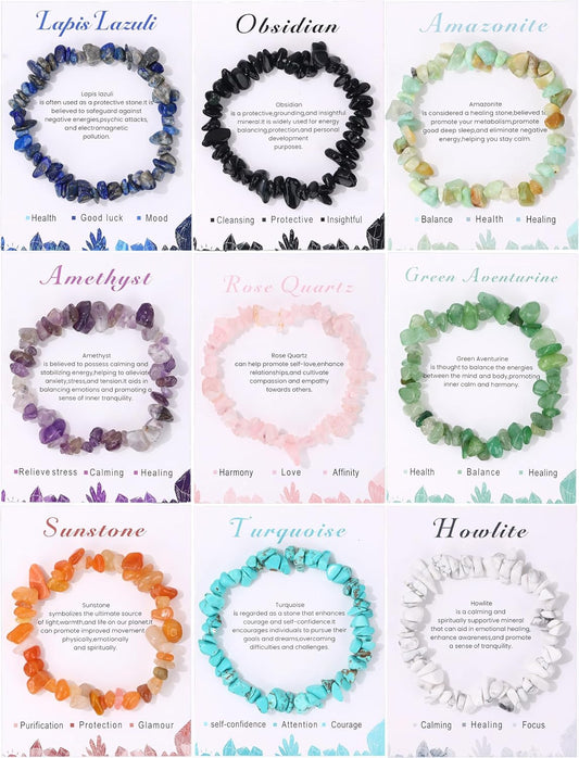 SONNYX 9PCS Crystals Chip Bracelets Set for Women Natural Gemstone Bracelets Colorful Gravel Bead Bracelets Irregular Chips Beads Bracelet Reiki Stretch Beaded Bracelets Jewelry