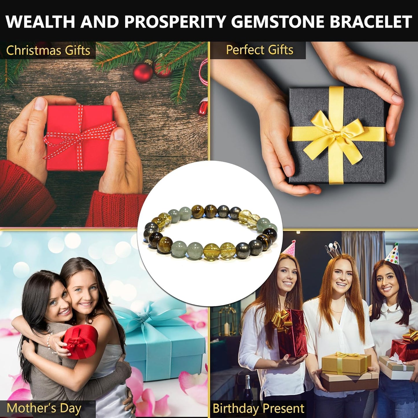Money Wealth Success Bracelet - Pyrite Green Aventurine Tiger Eye Citrine Bracelet Set for Men Women Healing Calming Anxiety Stress Relief Gifts Pulseras Para Hombres Mujer Stocking Stuffers